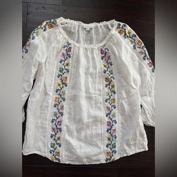 J Jill linen embroidered flowy whimsical white floral blouse size L luxury chic - Picture 7 of 9